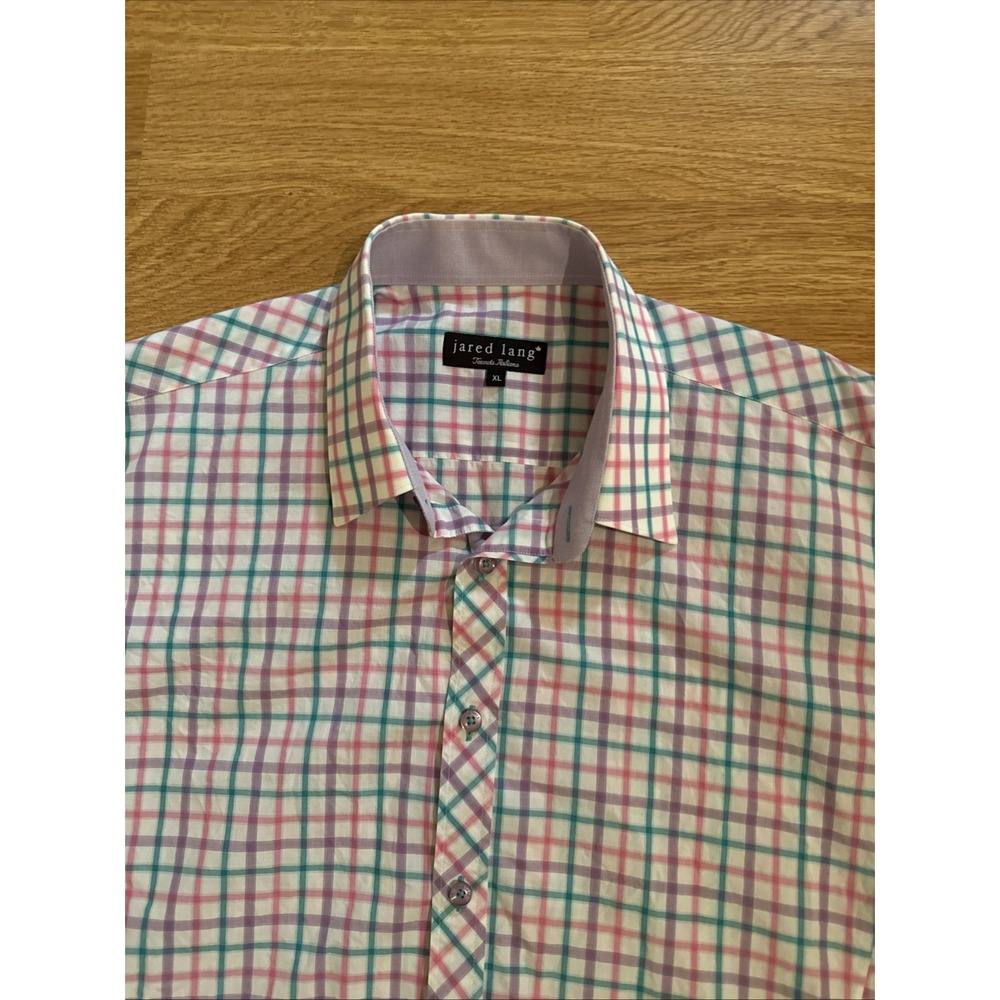 Jared Lang Tessuta Italiano Shirt Men's XL Multicolor Plaid Short Sleeve Preppy - Picture 2 of 8